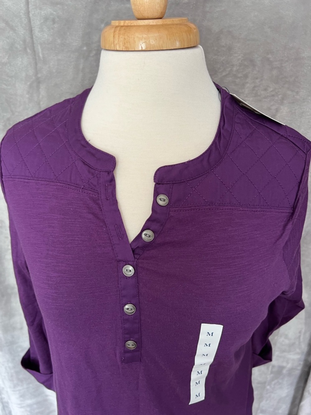 Croft & Barrow Purple Henley Top Women Medium Quilted Shoulder NWT